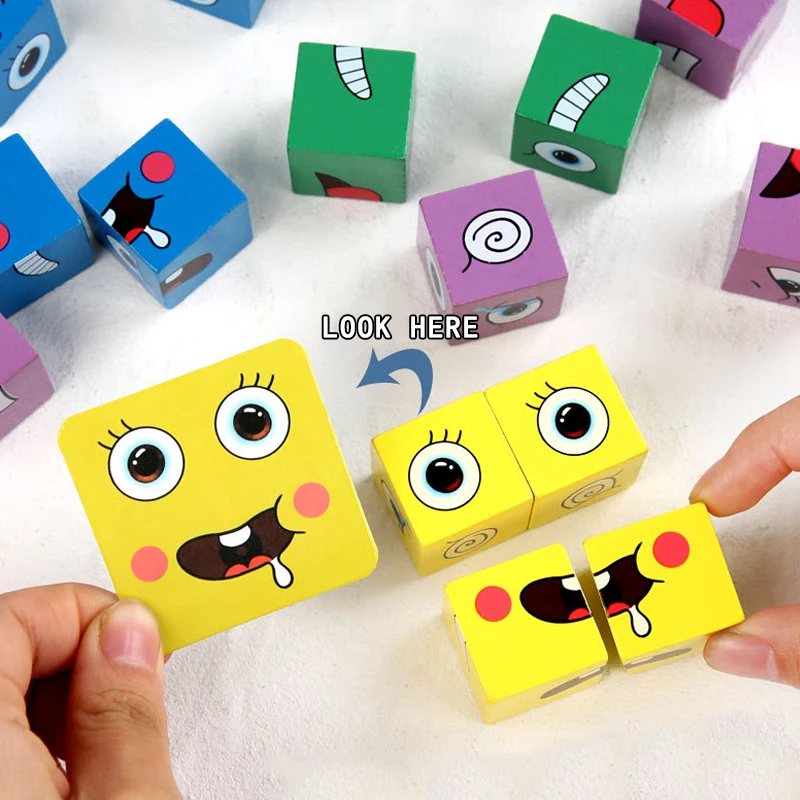 Bambini Face Change Expression Puzzle Building Blocks cubo Montessori gioco da tavolo giocattolo giocattoli educativi in legno per regali per bambini