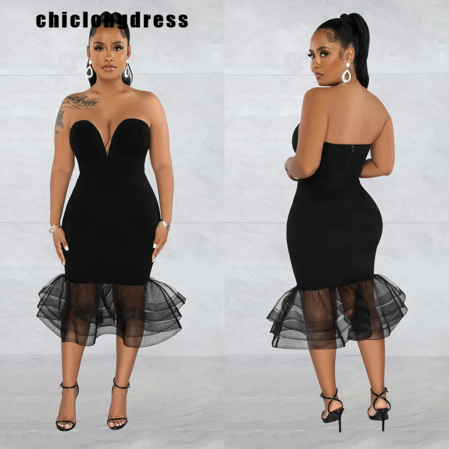 

Summer Sexy Strapless Fishtail Dress Women Fashion Solid Strapless Mesh Fishtail Party Dress Women