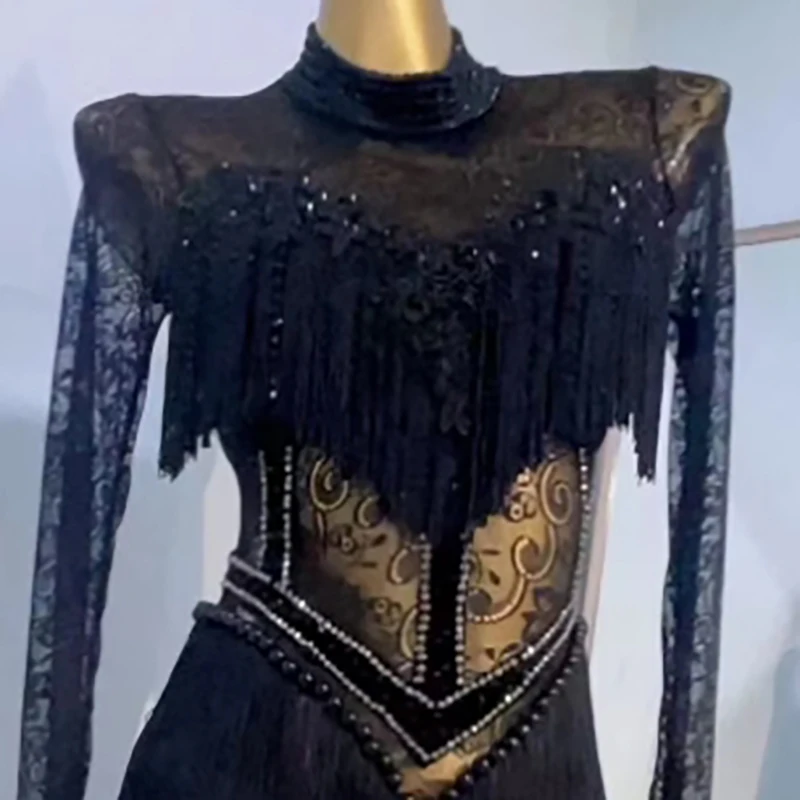 Latin Dance Costume, Rhinestone Women's Clothing, High-end Custom Mesh Embroidery Splicing, Tassel Samba Performance Dress