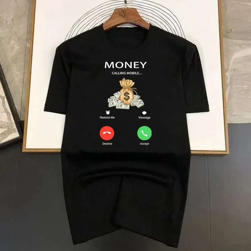 Summer Luxury Brand Money Calling Mobile Pattern Printed Cotton Female Tshirt Cartoon High Quality Fashion Casual Men's T-shirt