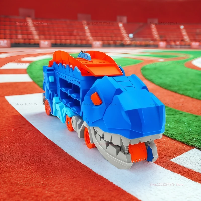 Dinosaur Transformed Dinosaur with Foldable Sliding Race Track Toy with 4 Diecast into Standing T-rex Racing Cars for Kids Gifts