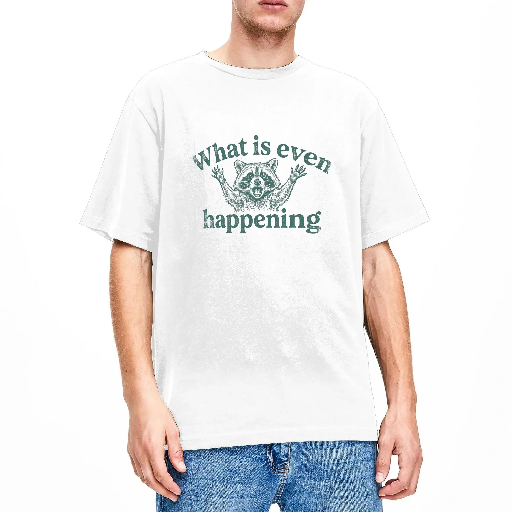 Men What is Even Happening Funny Raccoon Meme T Shirts  Pure Cotton Tops Casual Short Sleeve Round Collar Tees Plus Size T-Shirt