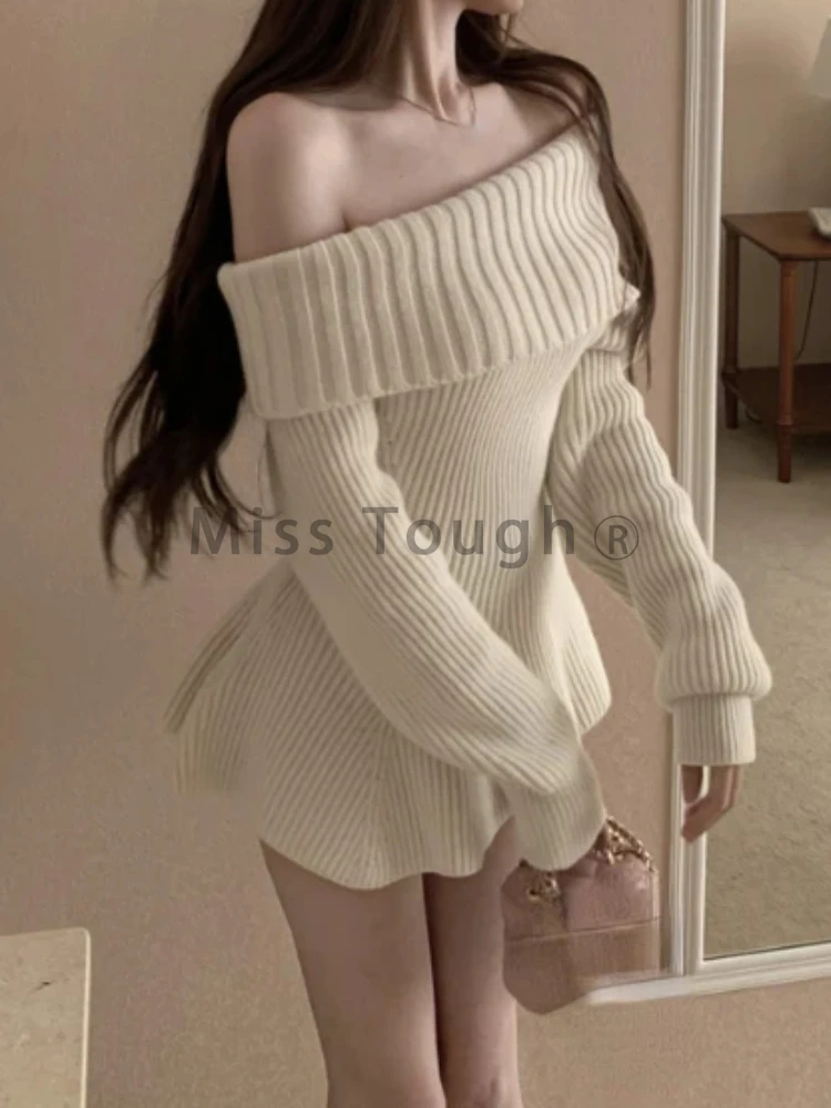 Off Shoulder Sweet Y2k Sweater Women Slash Neck Ruffles Knitted Slim Elegant Tops Female Korean Fashion Casual Pullovers 2024