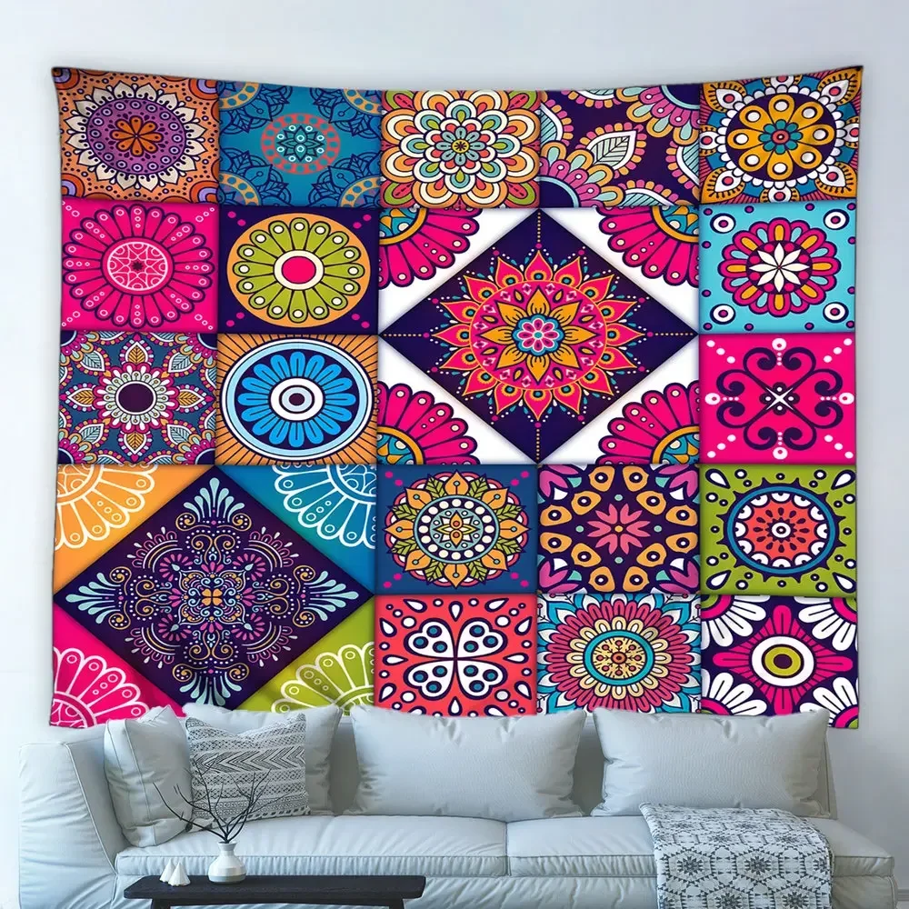 Wandteppich, indisches Bohemian-Mandala-Blumenmuster, exotisches Retro-geometrisches Muster, Hippie-Wandbehang, Stoff, Wohnzimmer, Schlafzimmer, Heimdekoration