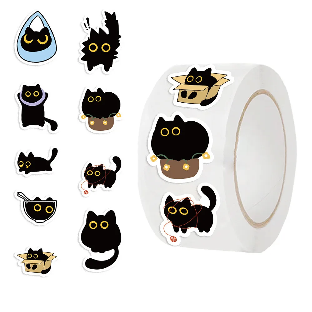 500 uds/rollo de cinta Washi de gato negro de dibujos animados de tendencia decoración felina de tema caliente para sellado de sobres de diario BulingBulingStickers Store
