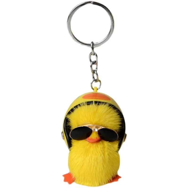 Cute Woman Keychain, A Cool Duck with Helmet and Eyes Mink Hair Little Duck Plush Bag Pendant  Car Keychain