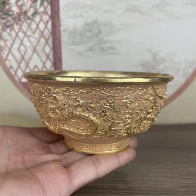 Ancient gilt dragon and phoenix bowl ornament, vintage Chinese-style home, study, office decoration, gift, collectible display p