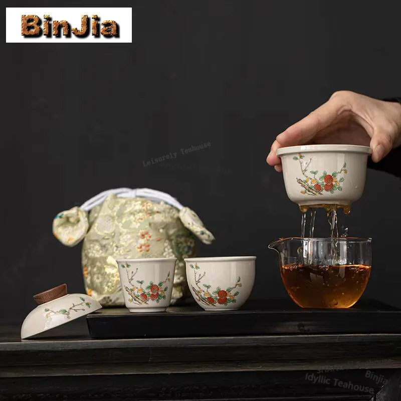

Chinese Flower Series Grass Ash Travel Tea Set Kit Ancient 1 Pot 2 Cups Tea Making Bowl Picnic Camping Portable Cloth Handbag