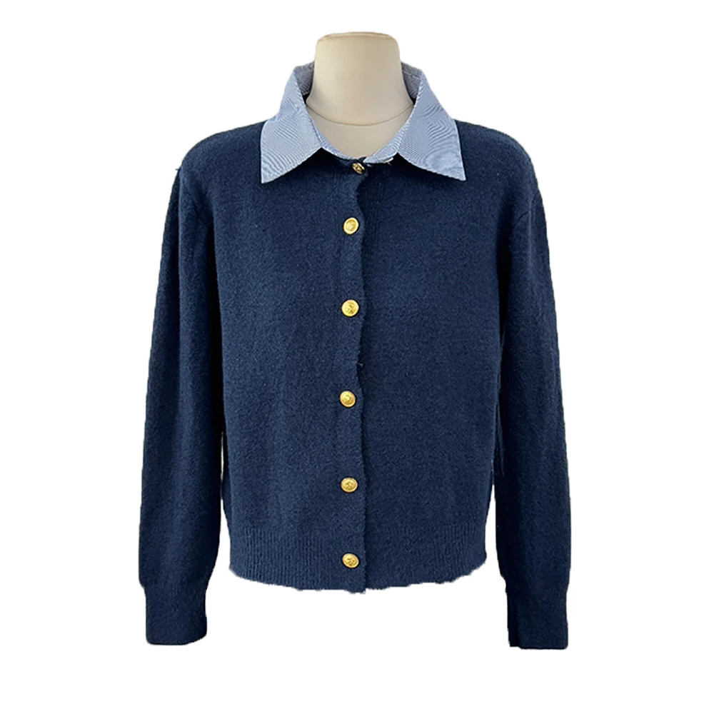Gefälschte Zwei Stücke Gespleißt Pullover Strickjacken Koreanische Drehen Unten Kragen Gold Tasten Einreiher Stricken Outer Casual Pullover