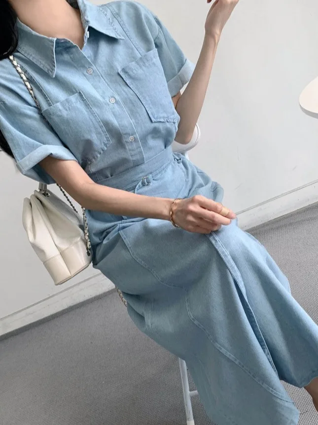 

Korean Sle Denim Set Women's Hong Kong Sle Retro Turn-down Collar ort Sve Open Cardigan Top High Waist Slimming ...