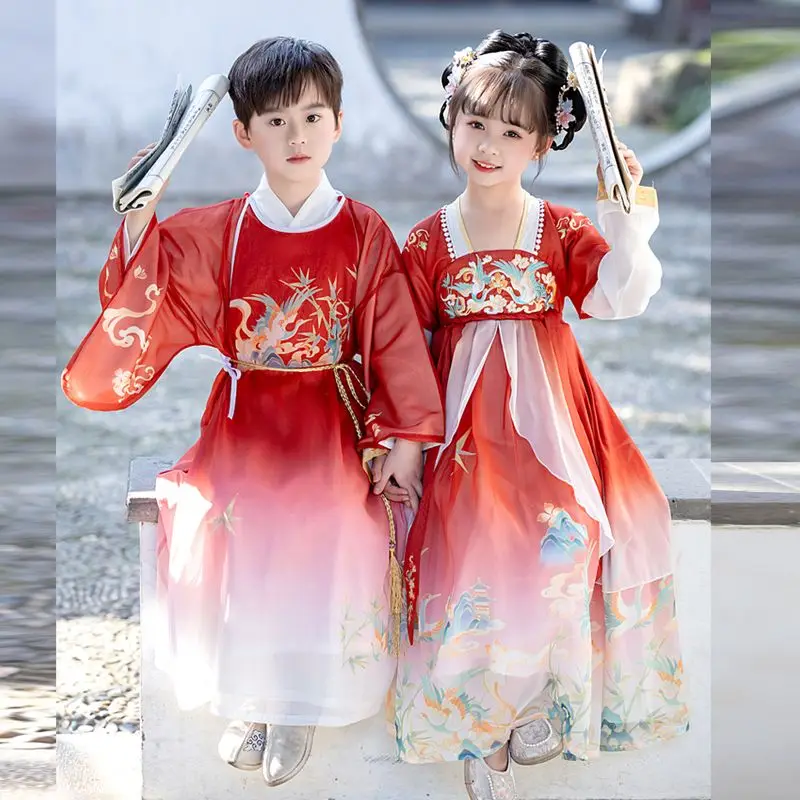 Hanfu bordado chinês para alunos do ensino fundamental, traje antigo das crianças, super imortal, roupas diárias de verão