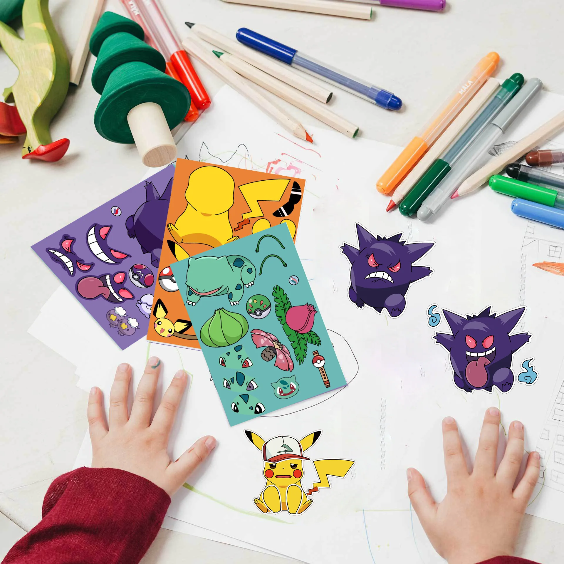 8 arkuszy Anime Pokemon Puzzle dla dzieci naklejki tworzą zabawną Pikachu z kreskówki naklejkę układanki dla dzieci zabawka dla dzieci prezent