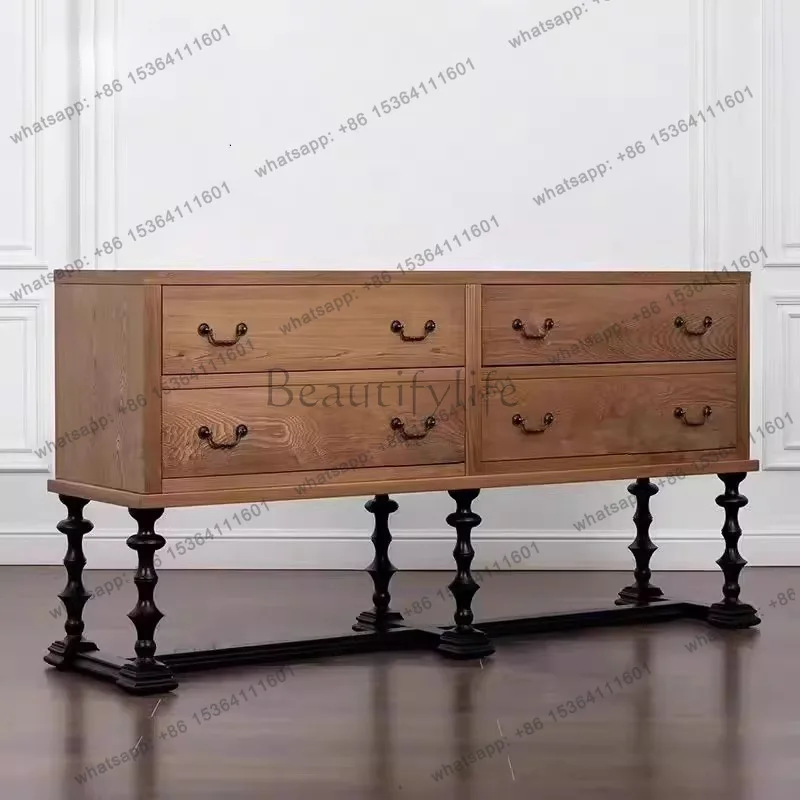 French retro solid wood porch cabinet villa antique style living room four pumping light luxury carved dining side cabinet