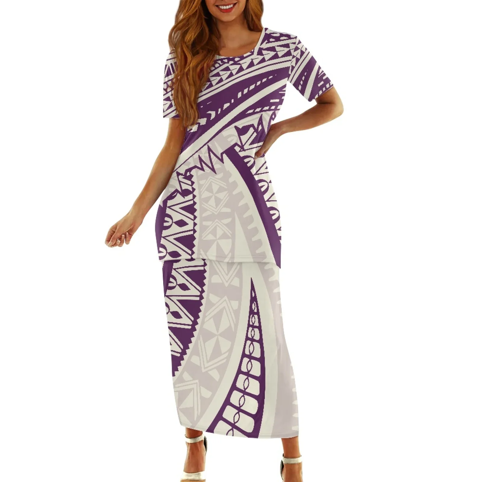 Polynesian Tribal Tongan Totem Tattoo Print Round Neck Sexy Bodycon Dress, Holiday Dress, Black Whit Stripe Print, 2 Pieces Set