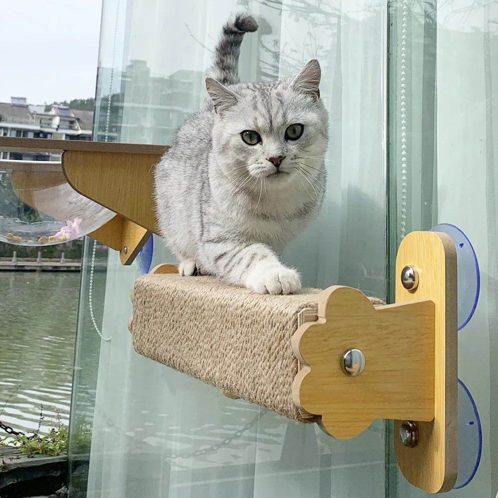 Solid Pattern Cat Hammock Nest Bed Hanging Climbing Frame for Displaying Sunset Art Balcony Window Glass Premium Pet Bed