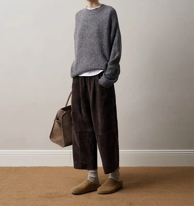 Retro 2025 Leather Ankle-Length Pants Women Elastic Waist Suede Sheepskin Wide Leg Length Straight Cylinder Trousers Black brown