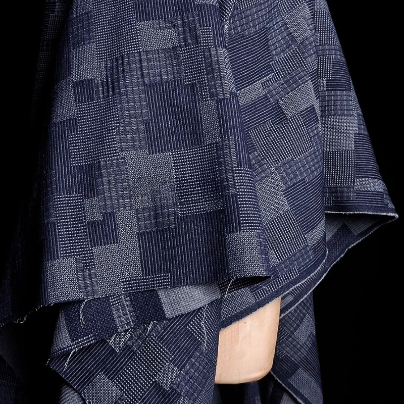 Block Puzzle Jacquard Denim Fabric Non Elastic Jacket Clothing High End Bag Washed DIY Handmade Designer Fashion Fabric