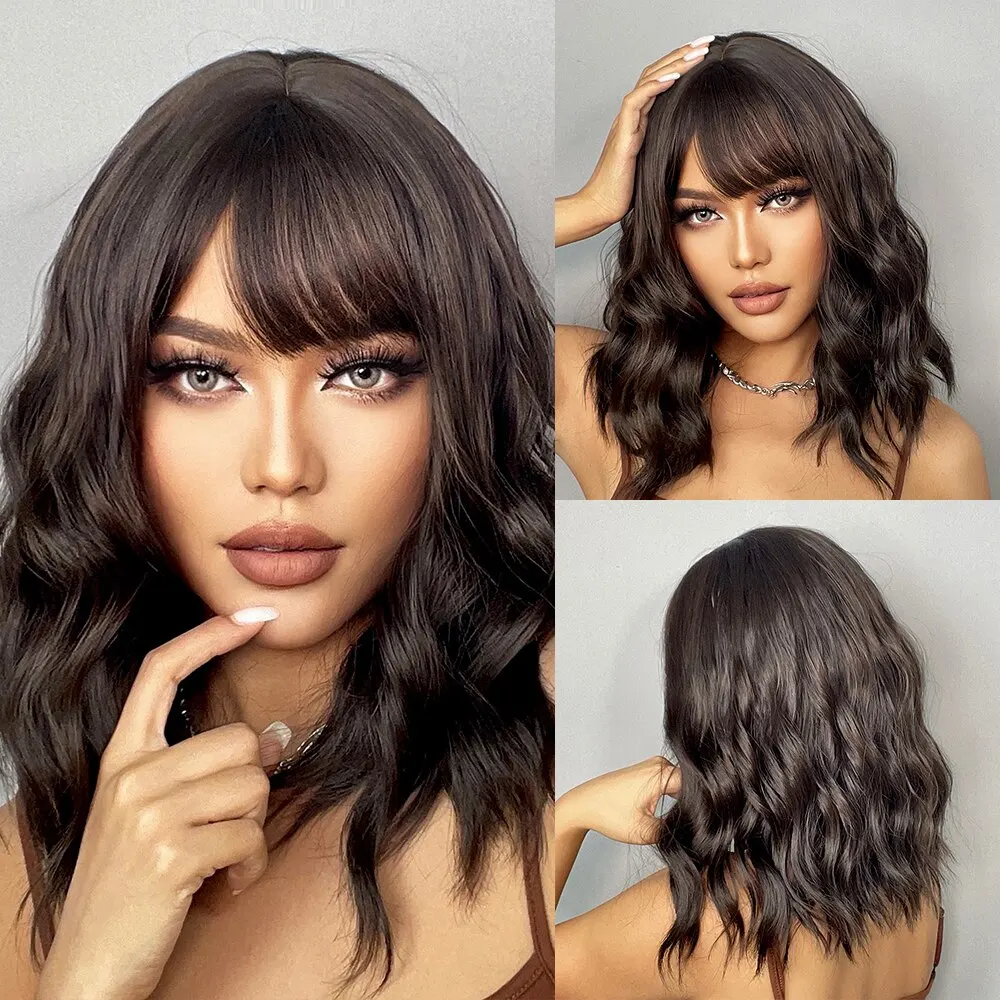 Short Wavy Bob Wigs for Women Dark Brown Bob Natural Synthetic Wig with Bangs for Girl Daily Cosplay Use Heat Resistant