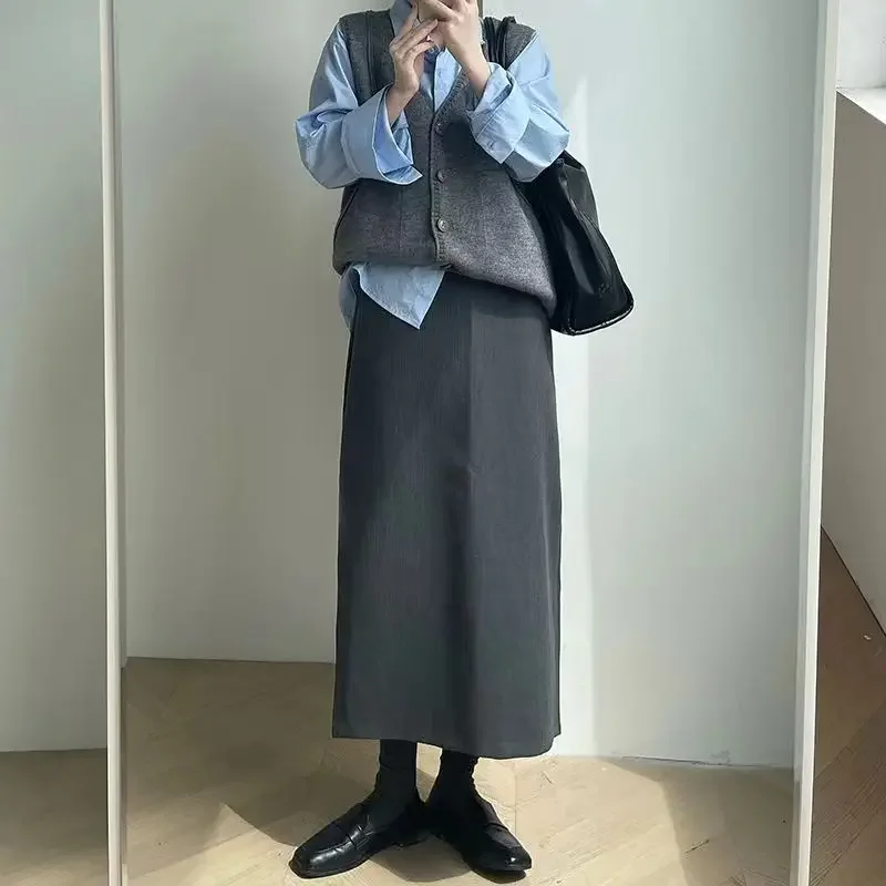 EBAIHUI Grey Suit Half Skirt for Women Mid To Long Straight Tube A-line Versatile Skirt for Ladies Autumn High Waist Skirt