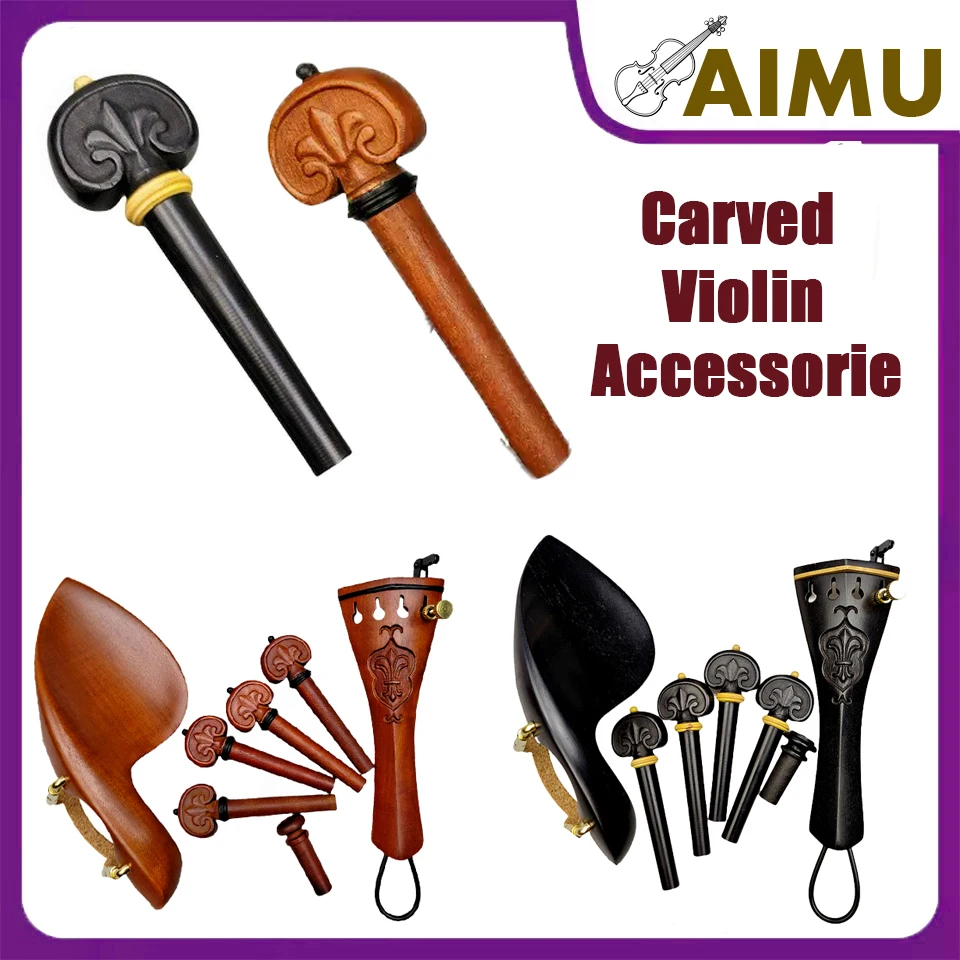 Quality Carved Set Violin Accessories Fiddle Parts with Engraving Pattern, 4/4 Violin Pegs Tailpiece Chinrest Installed Hardware