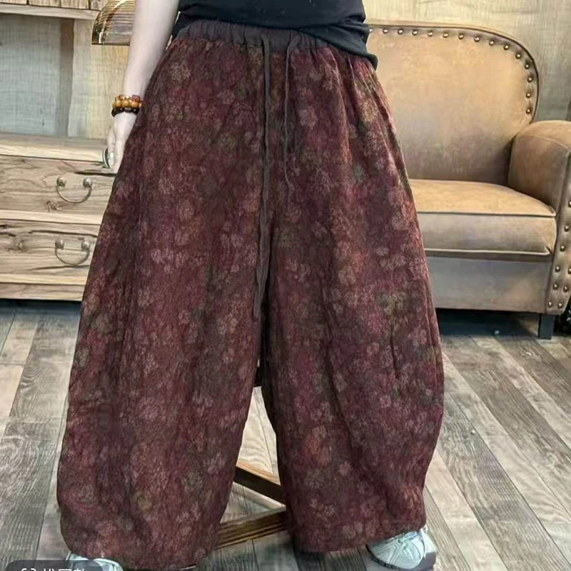 

2026 New Arrival Spring/summer Women Floral Print Ankle-length Pants Casual Loose Cotton Linen Elastic Waist Harem Pants L173