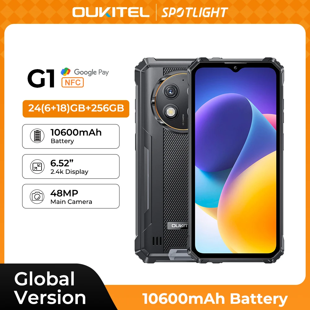 Oukitel G1 Wytrzymały smartfon Android 6,52 cala 10600 mAh 24 GB + 256 GB Wytrzymały telefon Android14 48 MP HD + Kamera Telefon komórkowy