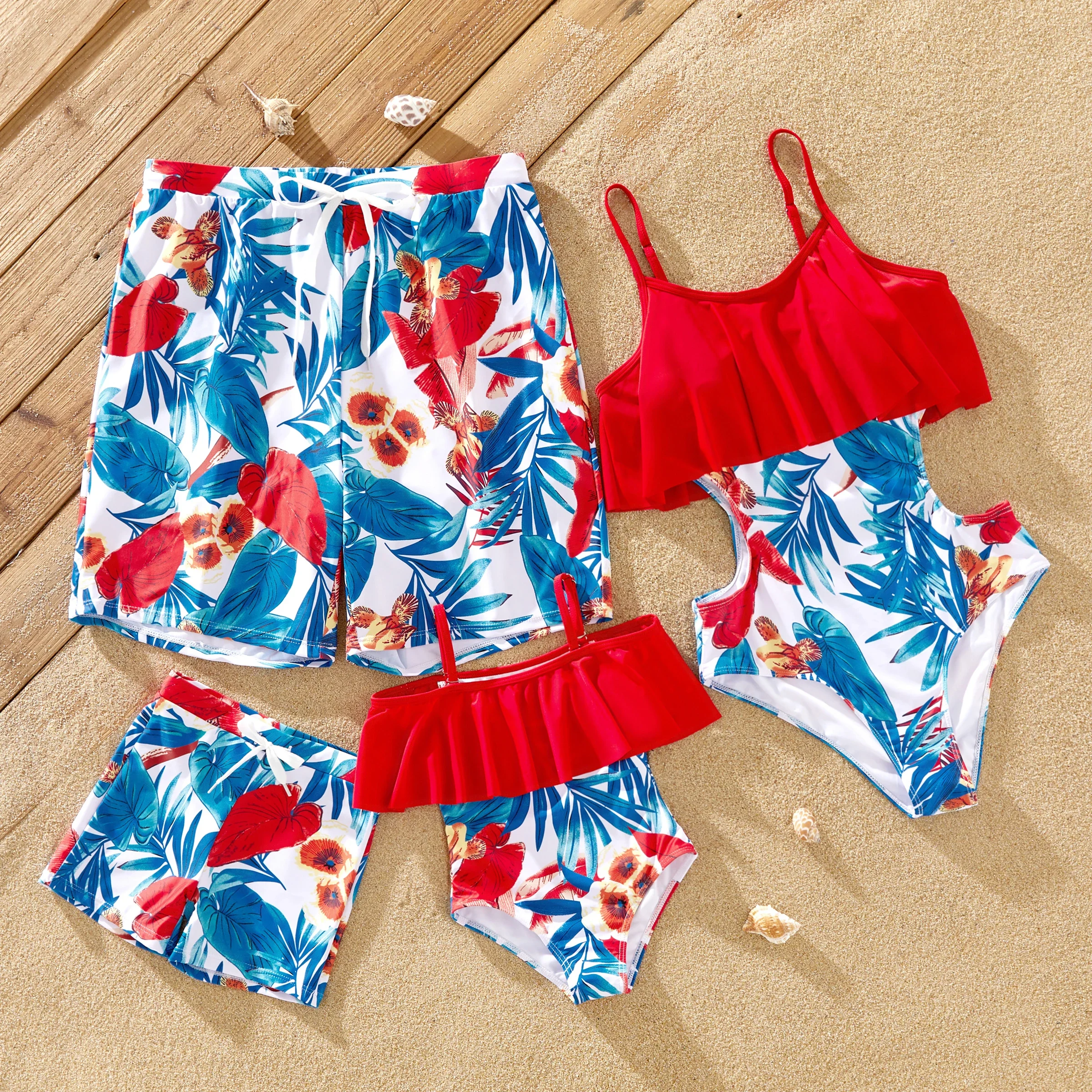 PatPat Family Matching Floral Drawstring Swim Trunks or Flounce Cut Out One-Piece Strap Swimsuit Suitable for Summer Season