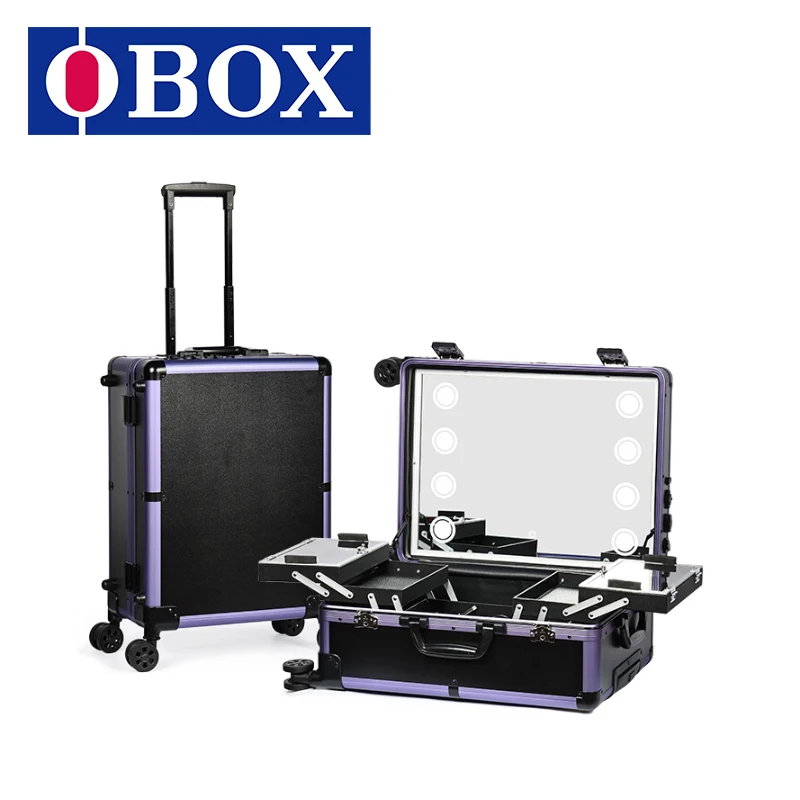 OBOX Professional Makeup Box Cosmetic Case Rolling Trolley Makeup Train Case With Adjustable LED Lights