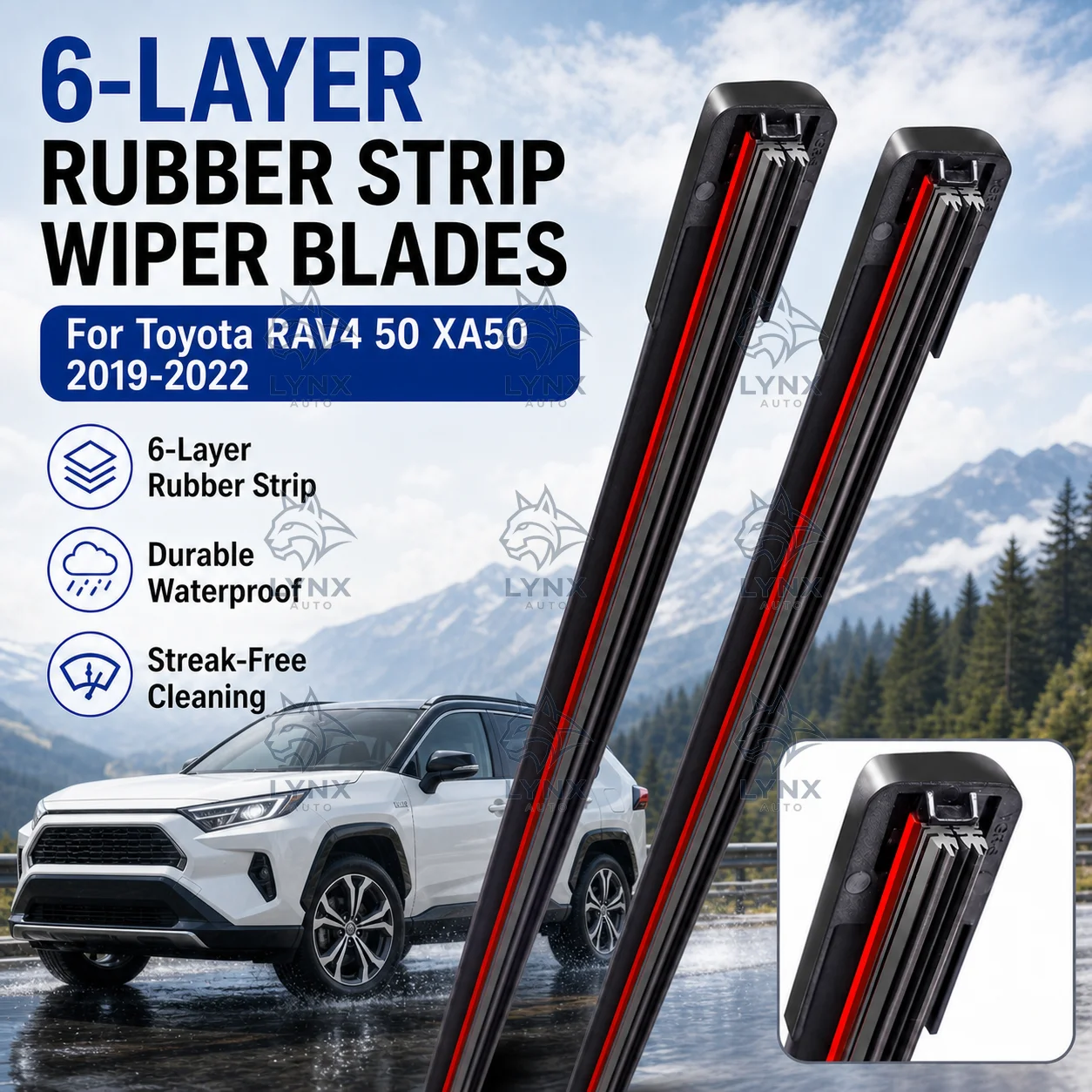 

2Pcs 6-Layer Rubber Strip Car Front Wiper Blades Durable Waterproof For Toyota RAV4 50 XA50 2019-2022 Car Accessories