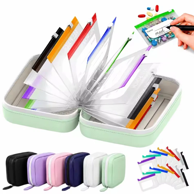 14PCS BPA-Free Weekly Pill Organizer Color Coded Waterproof Medicine Pouch Set with Zipper Design Reusable Vitamin Storage Holde