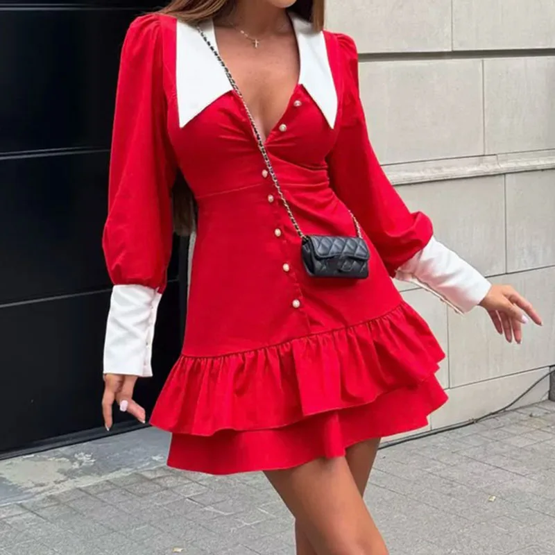 

Elegant Contrasting Color Ruffled A-Line Dress Fashion V-neck Button Solid Party Dress Women Casual Long Sleeve Waist Mini Dress