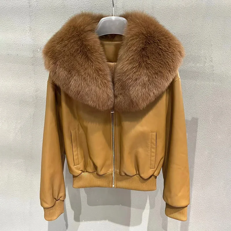 New Women Leather Jackets Genuine Sheepskin Coat Fox Fur Collar Full Sleeve Zipper Fashion Autumn Winter Outwear GT5076