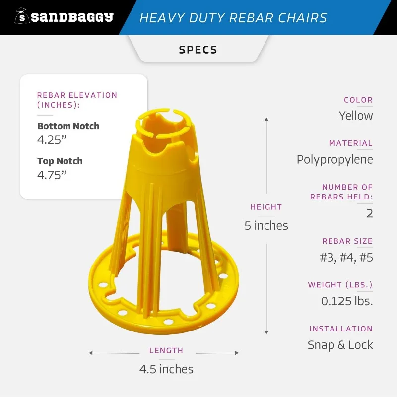 Sedie di supporto per tondo per cemento armato in plastica - Eleva tondo per cemento armato 4-1/4" o 4-3/4" - Sedia in cemento per tondo per cemento armato # 3 a # 5 e filo di acciaio