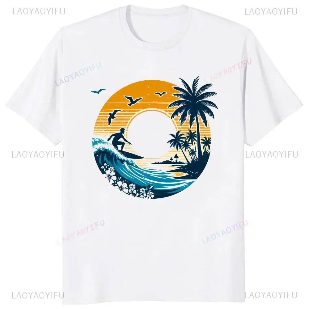 Fun Streetwear Beach Surfing Keep Happy Printed T-shirt Top Summer Short Sleeved Unisex Shirt Graphic Oversized T-shirt