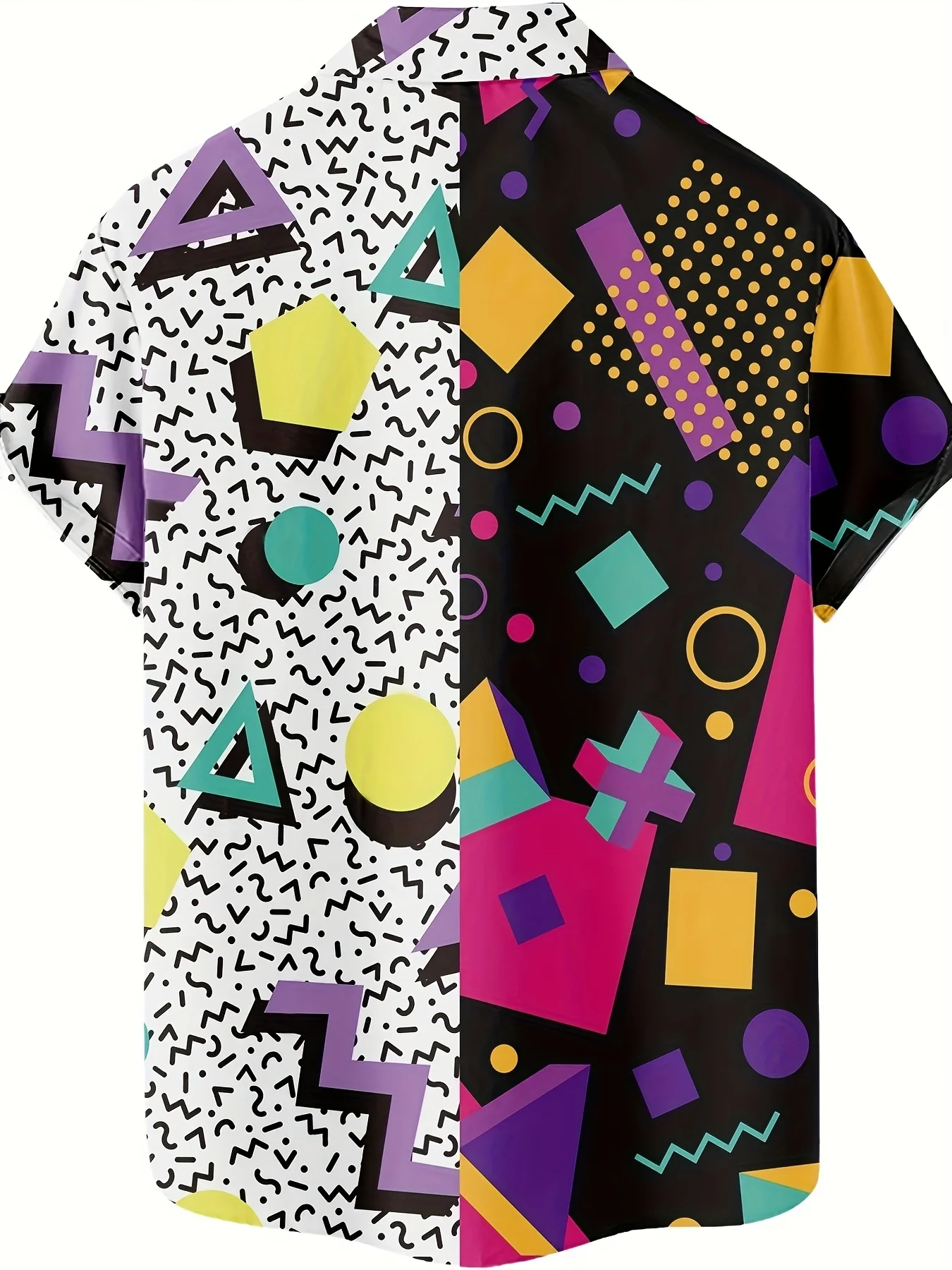 Men 80s Retro Memphis Geometric Print Short Sleeve Shirt, Colorful Split Black White Abstract Shape Button Down Summer Top