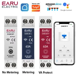 Tuya WiFi Smart Circuit Breaker MCB Timer 1P+N 63A Power Energy kWh Voltage Current Meter Protector Voice Remote Control Switch