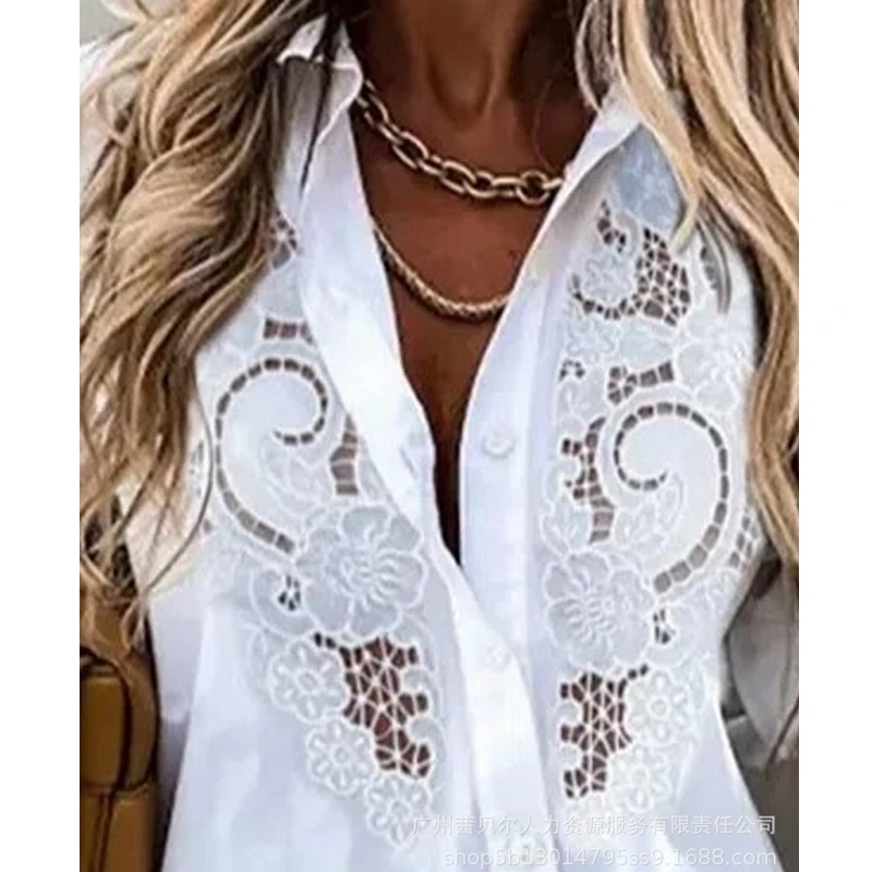 Women Shirt Tops Spring Summer Solid Embroidery Hollow Out Shirt Women Long Sleeve Single Breasted Turn-down Collar Loose Shirt