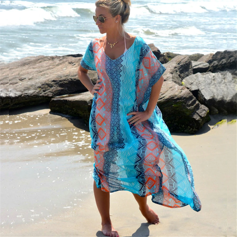 

Yiiciovy Swimsuit Beach Cover Ups Women Kimono Vintage Print Floral Holiday Tunic Bikini Dress Boho Loose Long Female Beachwear