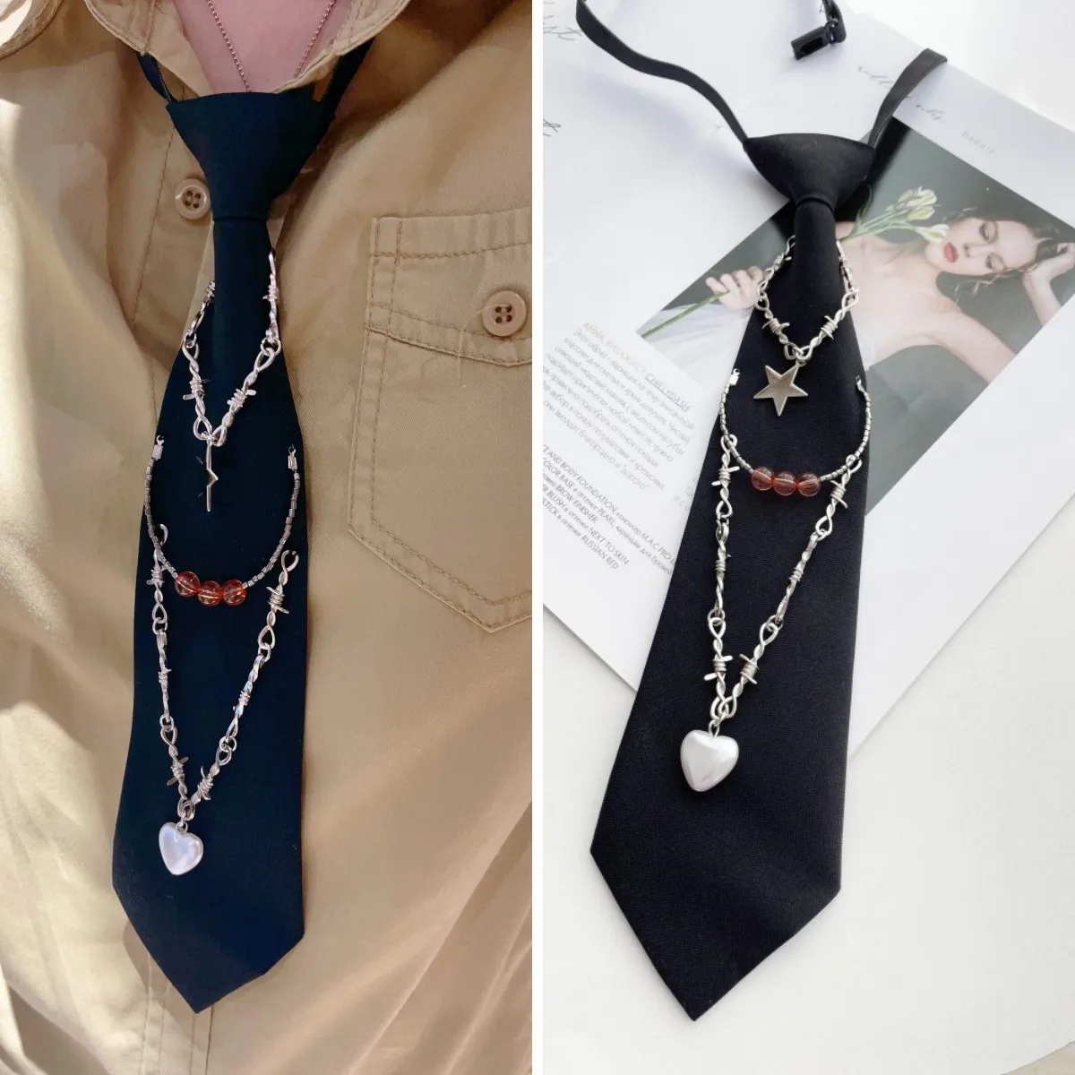 Academy style tie with black chain and suspender, retro Japanese JK style, sweet and cool temperament, young girl personality ti