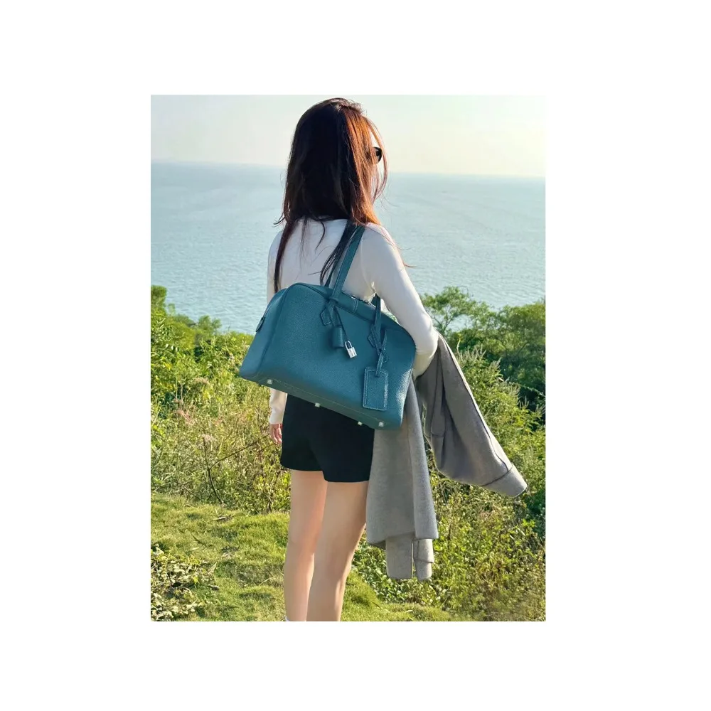 قسط بسيط الطبقة الأولى جلد البقر بوسطن جلد طبيعي المرأة حقيبة سعة كبيرة البولينج الإبط حقيبة المحمولة حقيبة ساعي #3