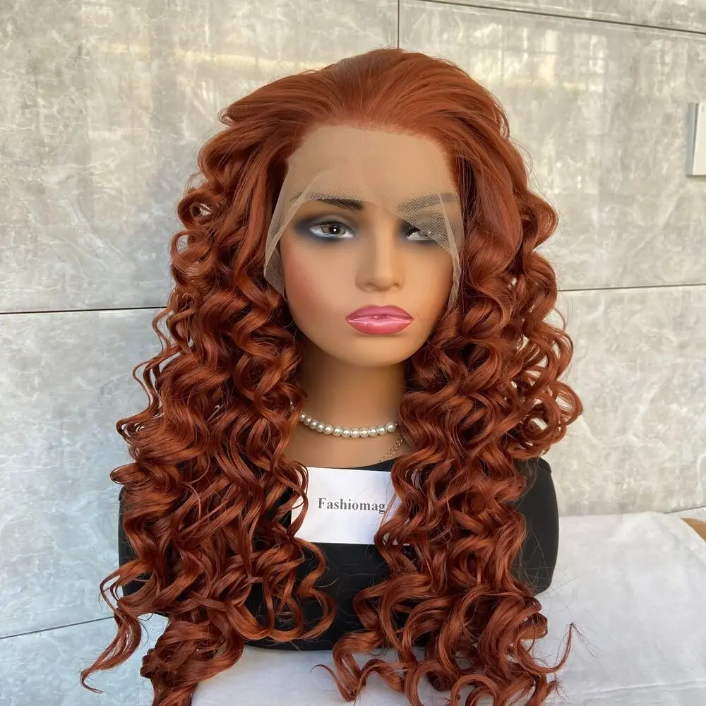 

Charming Loose Curly Lace Front Human Hair Blend Heat Ok Auburn Copper Red Synthetic Wigs