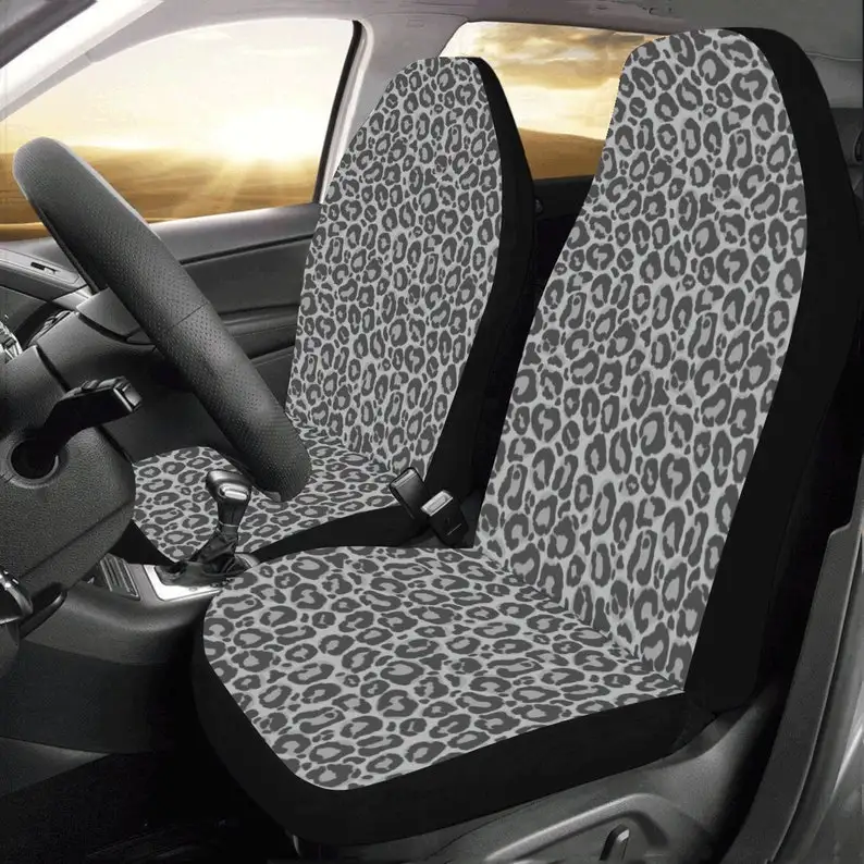 

Leopard Car Seat Covers for Vehicle 2 pc, Grey Animal Print Black Pattern Front Seat Covers, Car SUV Gift Her Protector Accessor