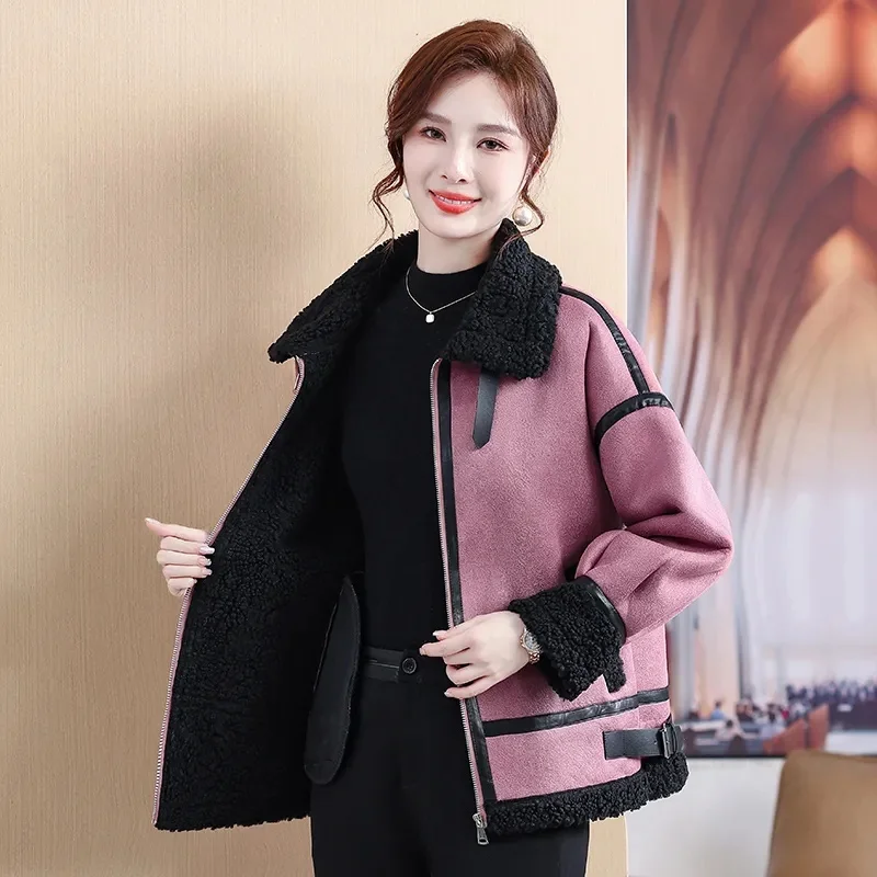 

Lamb Wool Coat Women Short 2024 Autumn Winter New Jacket Loose Fur One Outwear Add Velvet Padded Motorcycle Overcoat Female Tops