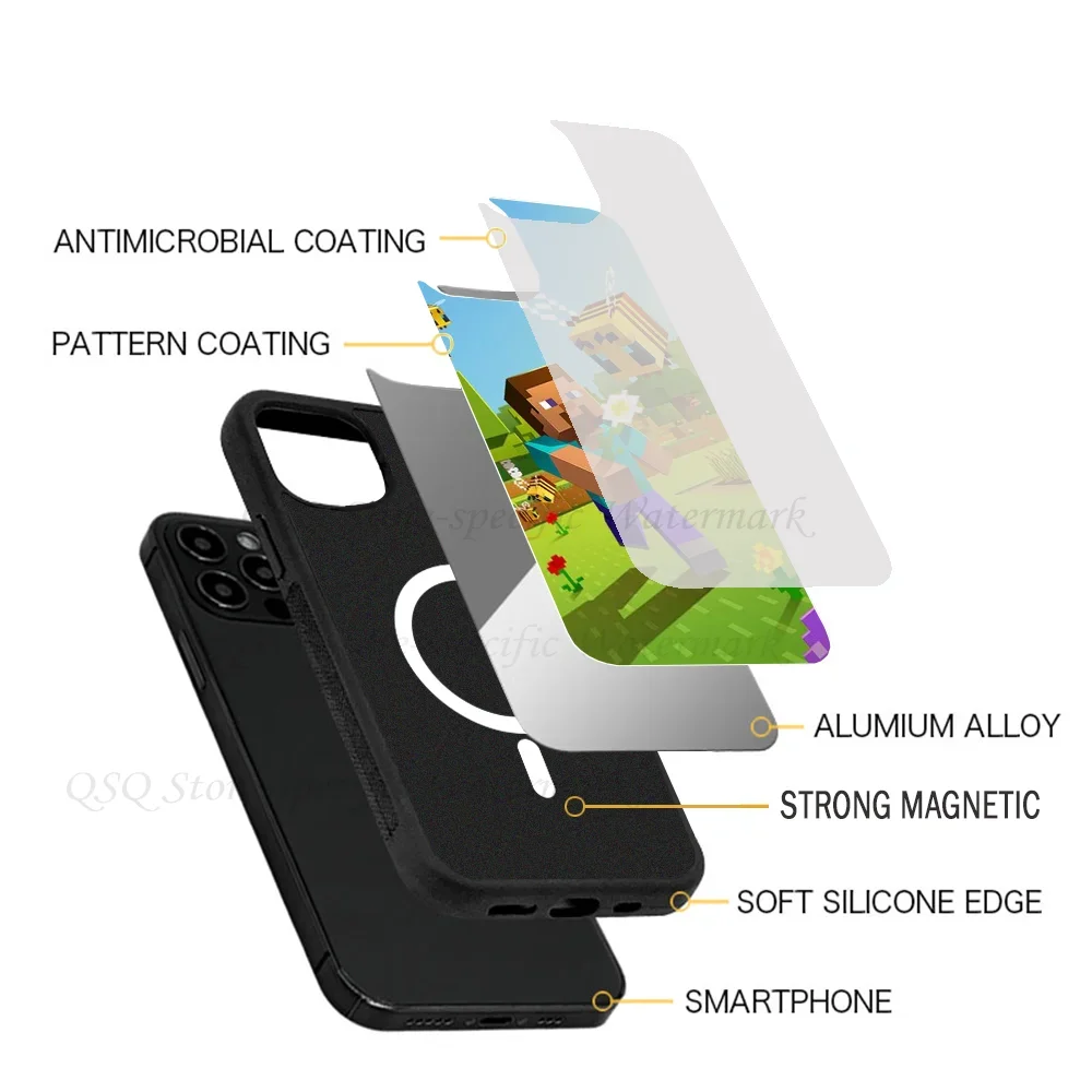 M-Mine Cra-ftes Gameplay Phone Case Strong Magnetic For IPhone 15 14 13 Pro Max 11 12 Mini Alex Mirror For Magsafe