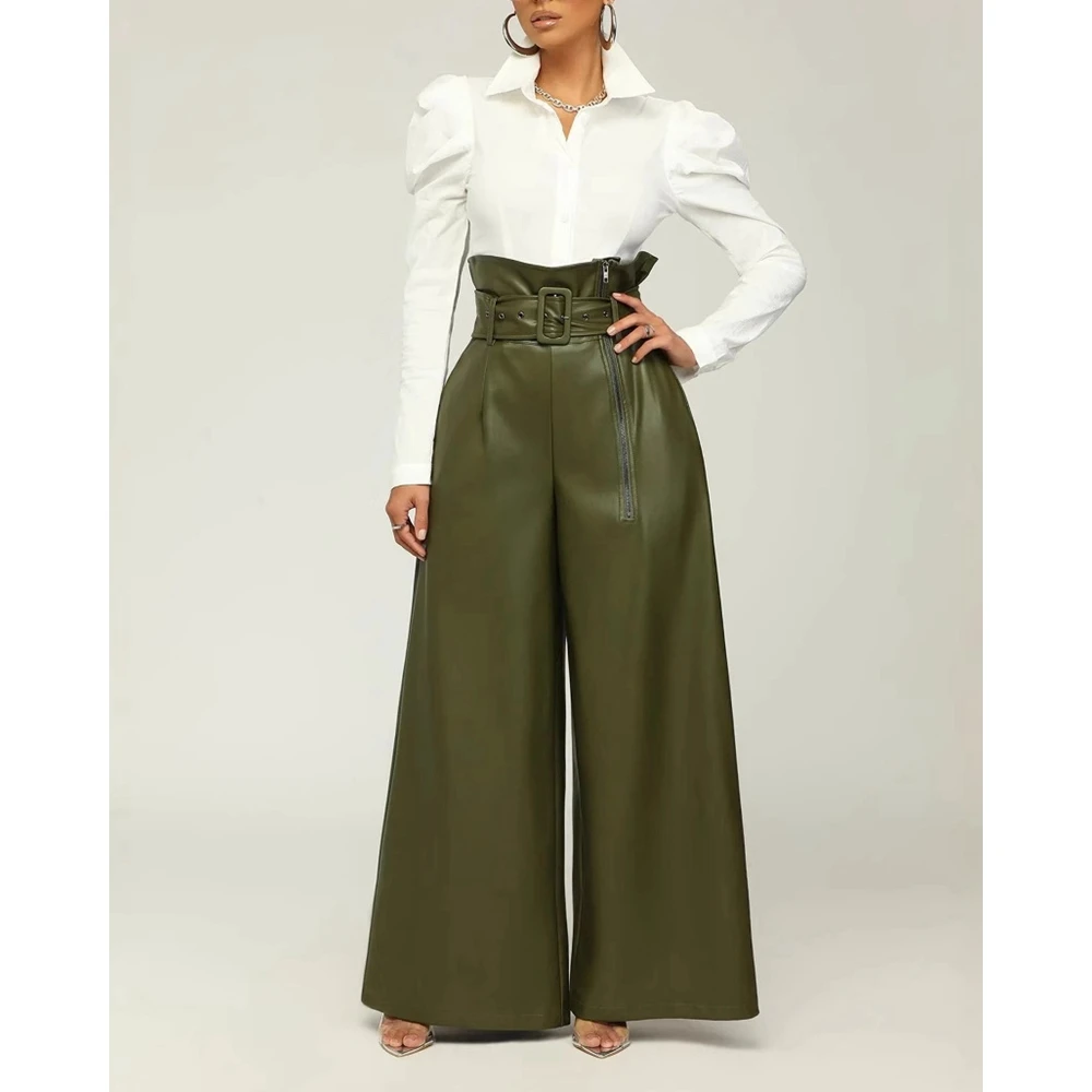 

Autumn Women Wide Leg High Waist Pu Leather Pants With Belt Fashion Femme Ruched Long Trouses Elegant Street wear