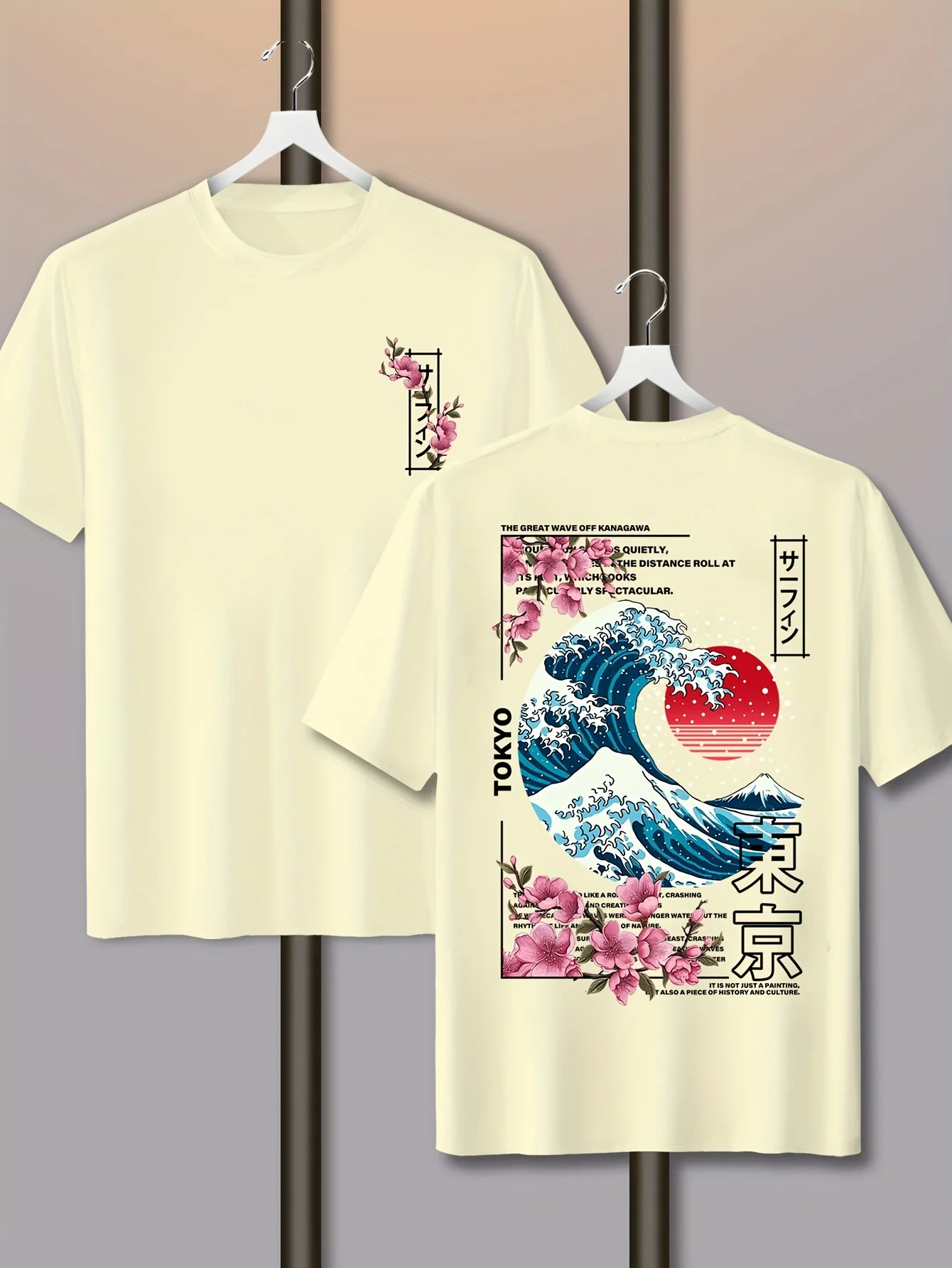 Men's Casual Tokyo Island Sunset Wave Print 100% Cotton T-shirt Short-sleeved Summer Breathable Street Trend Loose Comfortable image 2