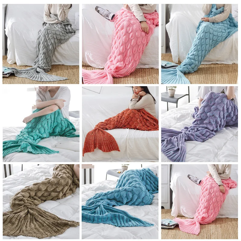 

Women Fishscale Mermaid Tail Knitted Plush Blanket Fishtail Throw Creative Tapestry Bedroom Air Condition Feet Warming Blanket