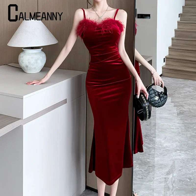 2024 autunno inverno sexy vintage spacco velluto abiti con cinturino per spaghetti per le donne francese elegante festa di nozze abbigliamento femminile