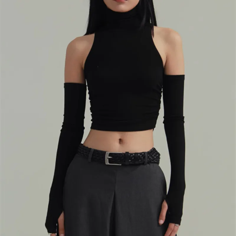 Pure Desire Sexy High Collar Slim Fit Long Sve Base IRT Weste Seitliche Falten Design Sve Cover Taille Schlankheitseffekt