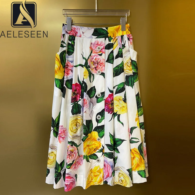 AELESEEN Designer Fashion Poplin Skirt Women Sicilian Colorful Flower Print Single-breasted Elastin 100% Cotton Party Holiday